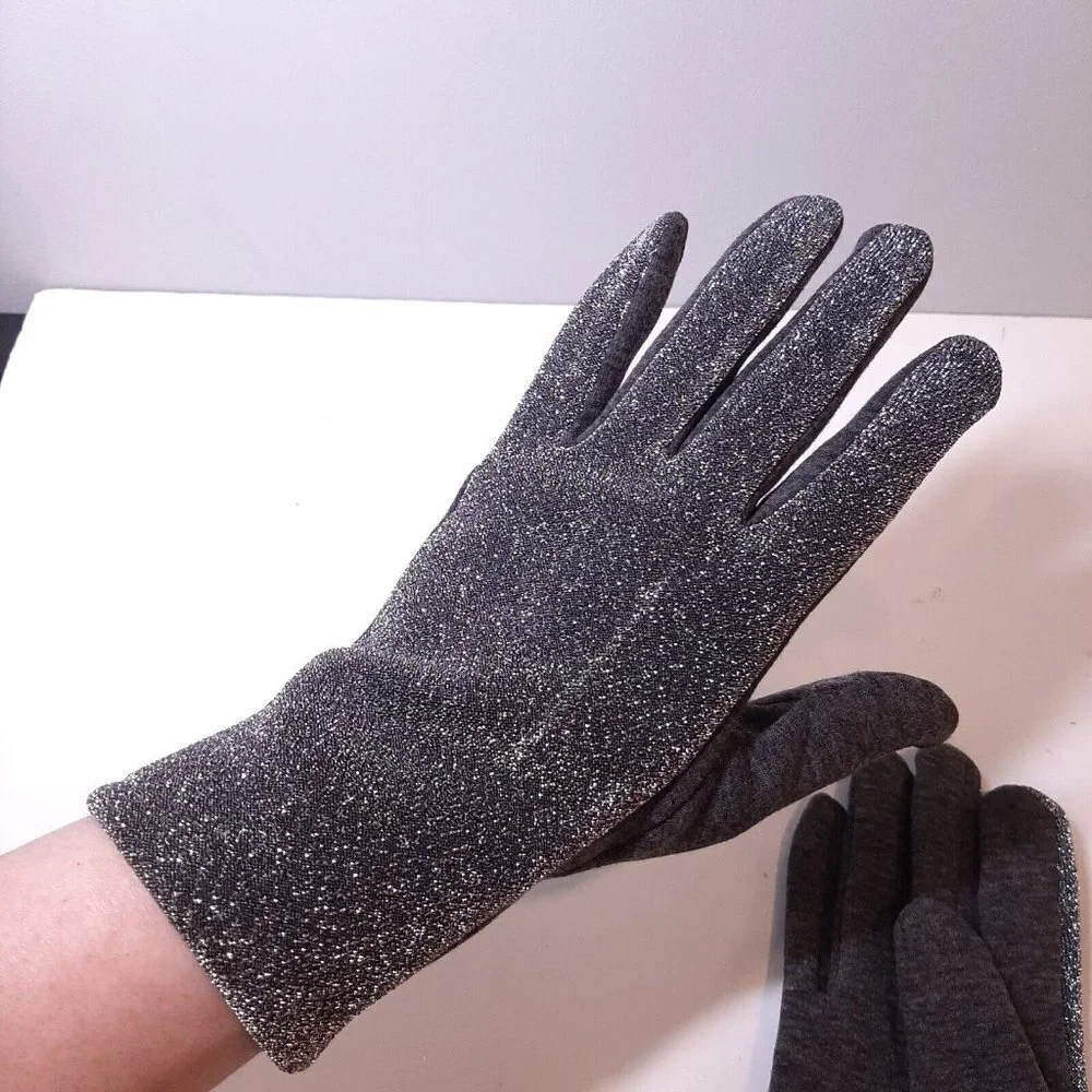 Metallic Touch Screen Gloves Womens One Size Gray Silver Faux Fur Lined